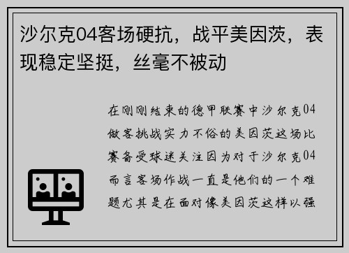 沙尔克04客场硬抗，战平美因茨，表现稳定坚挺，丝毫不被动